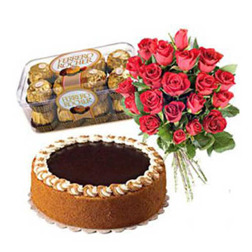 Chocolate Cake With 16 Pieces Ferrero & 10 Roses