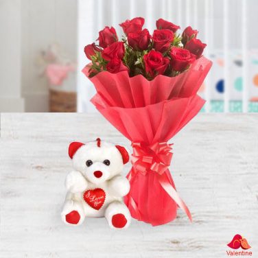 10 Red Roses Bouquet with Teddy