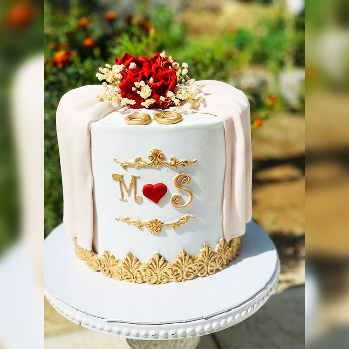 Elegant Red and White Lace Anniversary Cake